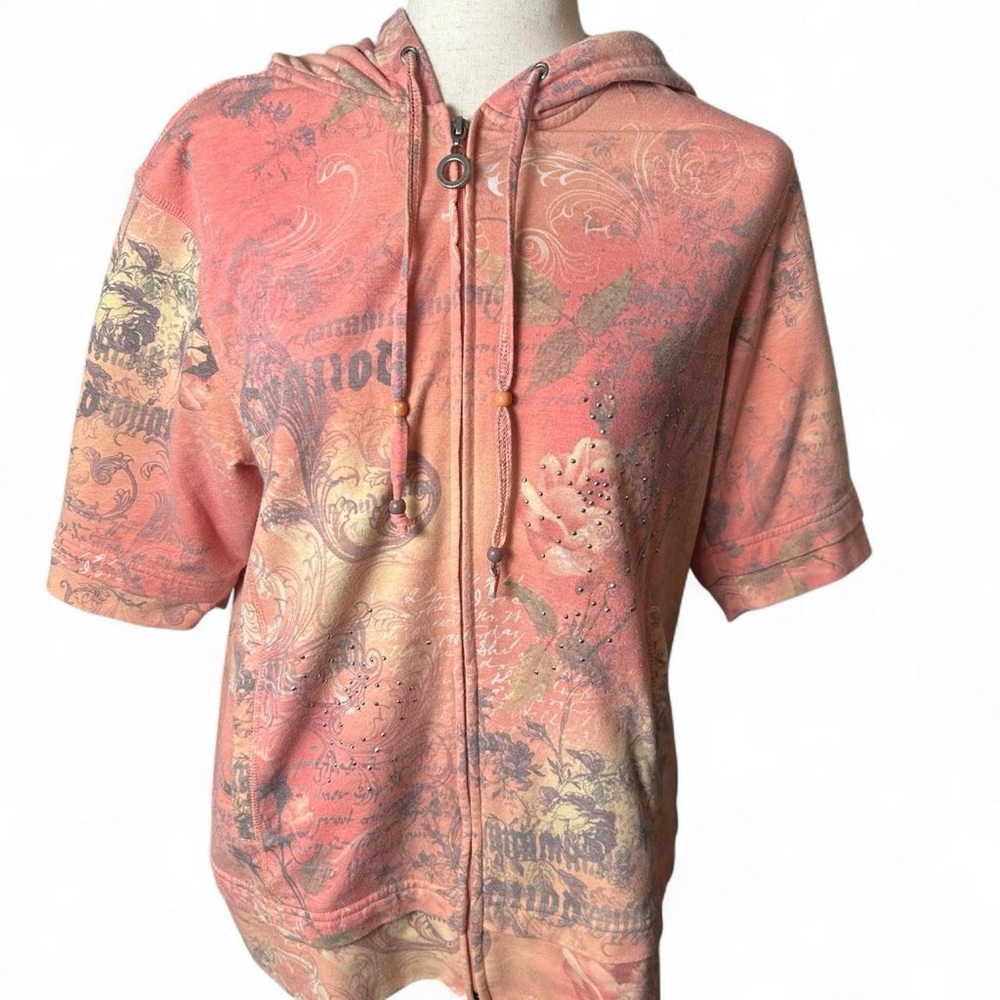 Green Tea Coral XL Graphic Short-Sleeve Zip Hoodie - Picture 3 of 6
